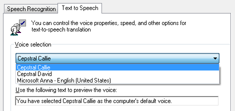 Windows TTS voice selection menu in the control panel showing the Microsoft voices and a Cepstral voices